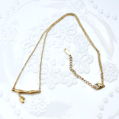 Pea Bamboo Fish Chinese Golden Charm Necklace - Stainless Steel