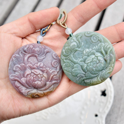 Ocean Agate Peony Pendant Rope Necklace - Green