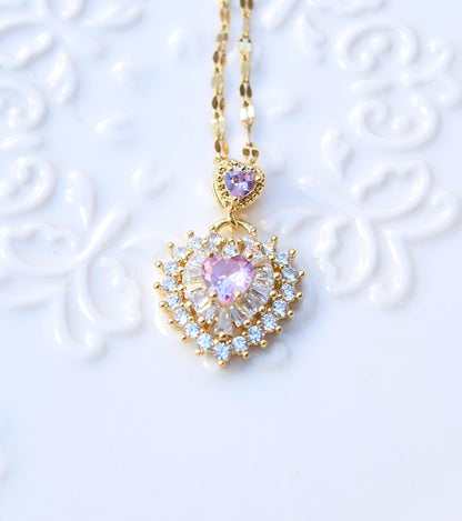 Princess Pink Crystal Charm Necklace - Heart Circle Flower