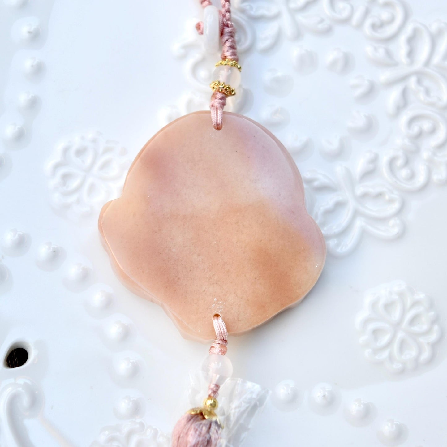 Pink Jade Dragon Castle Bag Charm Keychain - Tassel Hanging Ornament