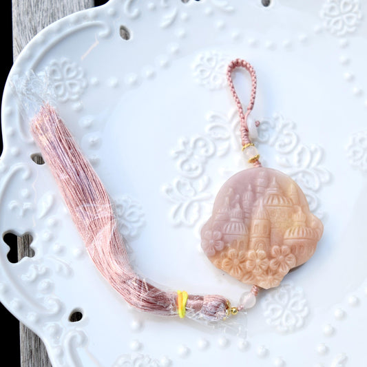 Pink Jade Dragon Castle Bag Charm Keychain - Tassel Hanging Ornament
