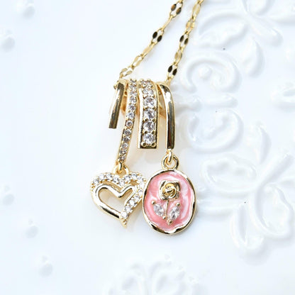 Enamel Horse Rose Charm Necklace - Oiling Painting Vintage Style