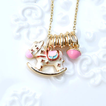 Enamel Horse Rose Charm Necklace - Oiling Painting Vintage Style