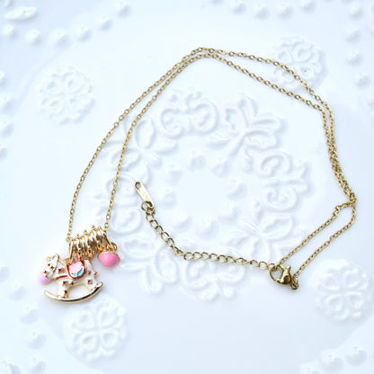 Enamel Horse Rose Charm Necklace - Oiling Painting Vintage Style
