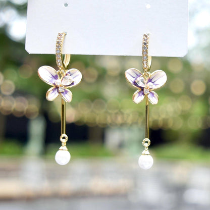 Purple Enamel Butterfly Tassel  Earrings
