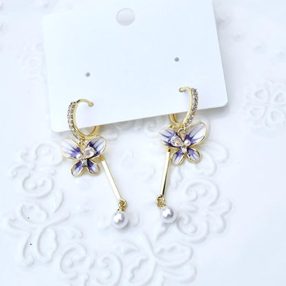 Purple Enamel Butterfly Tassel  Earrings