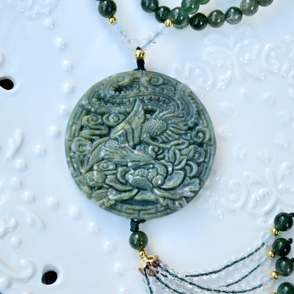 Phoenix Through Peony 鳳穿牡丹 Pendant Tassel Necklace - Green Quartz Necklace