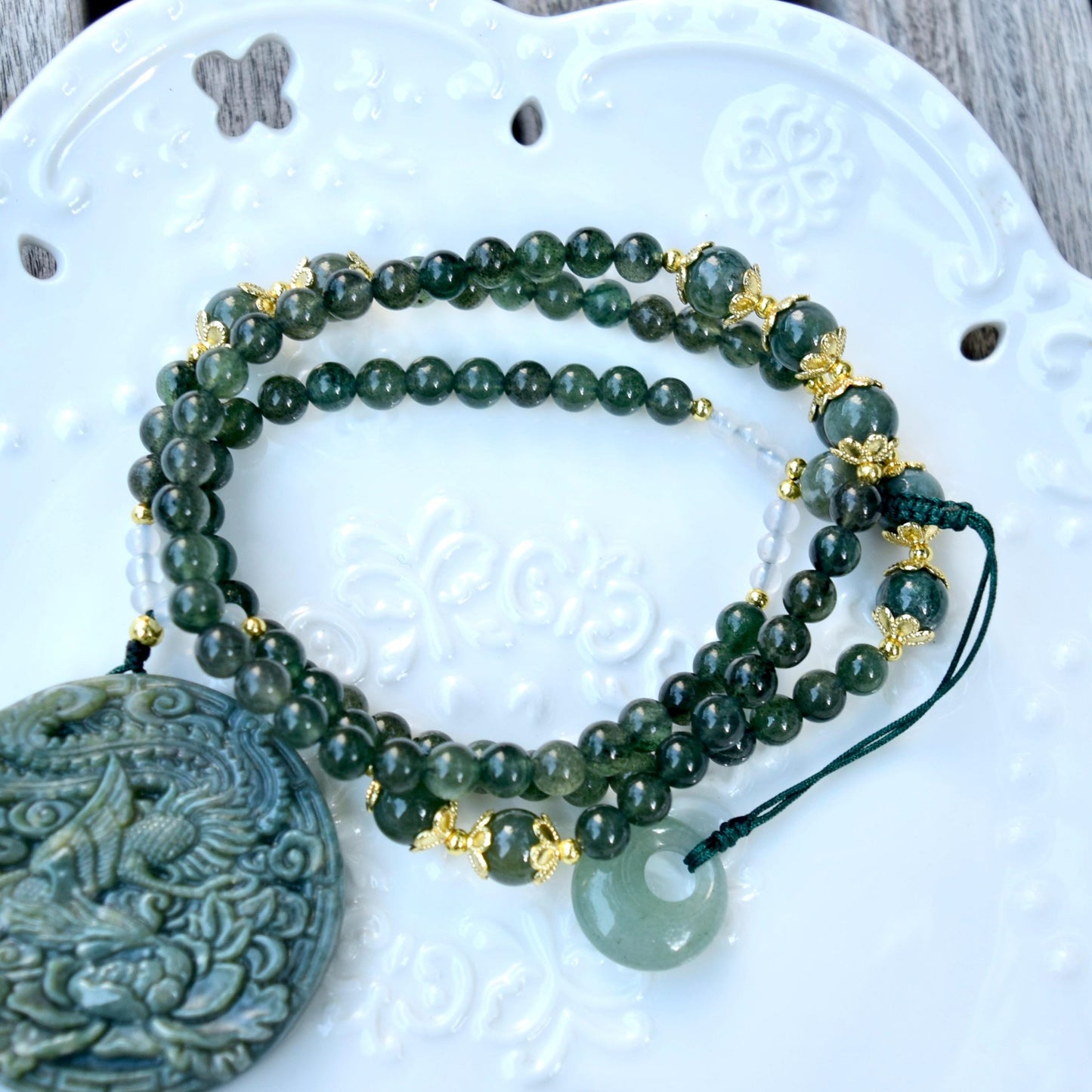 Phoenix Through Peony 鳳穿牡丹 Pendant Tassel Necklace - Green Quartz Necklace