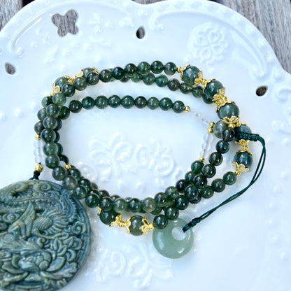 Phoenix Through Peony 鳳穿牡丹 Pendant Tassel Necklace - Green Quartz Necklace