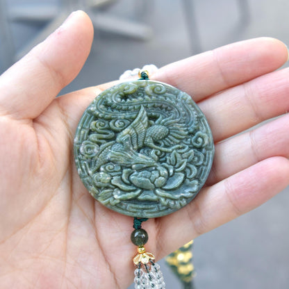 Phoenix Through Peony 鳳穿牡丹 Pendant Tassel Necklace - Green Quartz Necklace