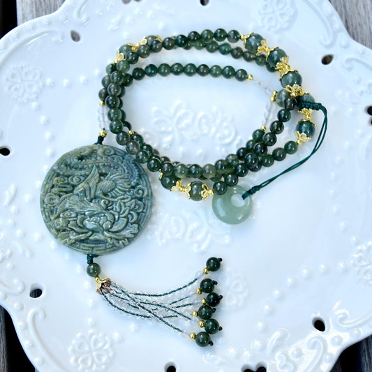 Phoenix Through Peony 鳳穿牡丹 Pendant Tassel Necklace - Green Quartz Necklace