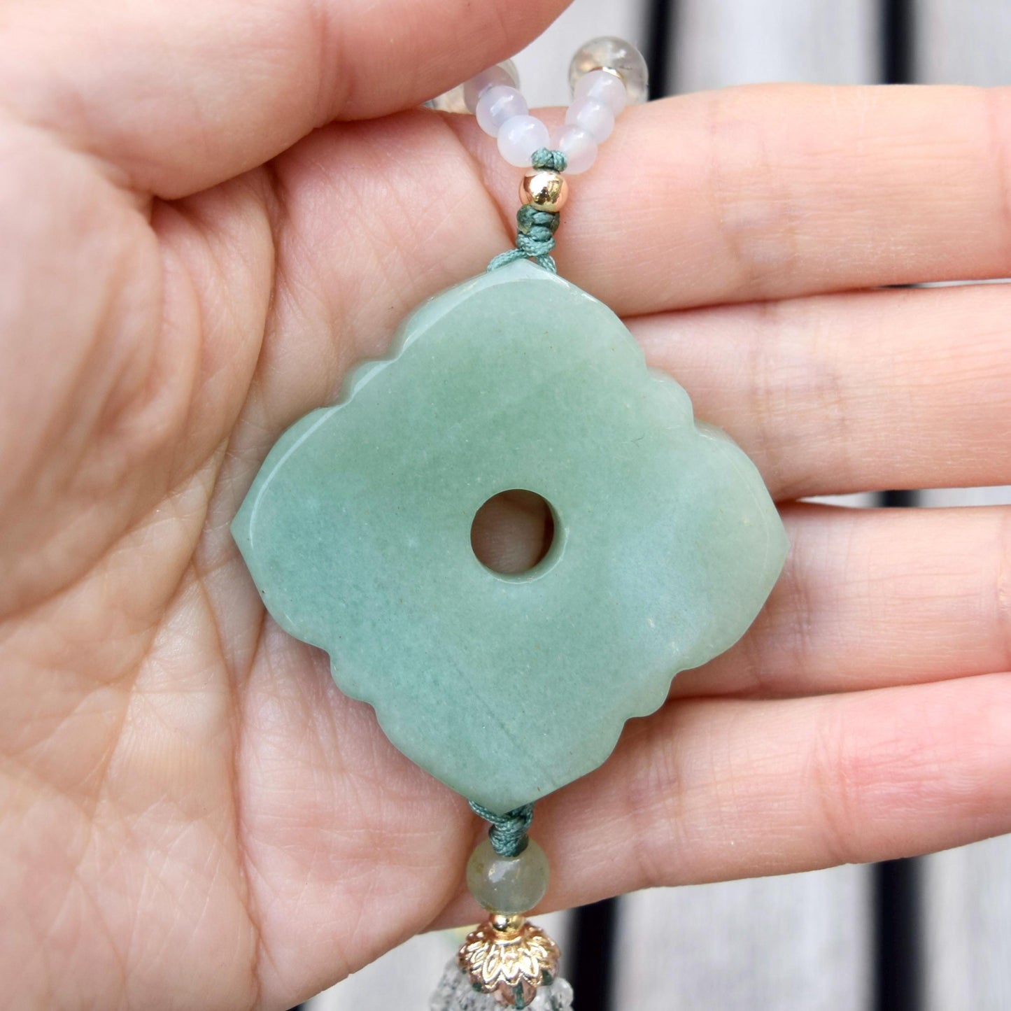 Ruyi Square Pendant Necklace - Green Aventurine Clear Quartz Beaded