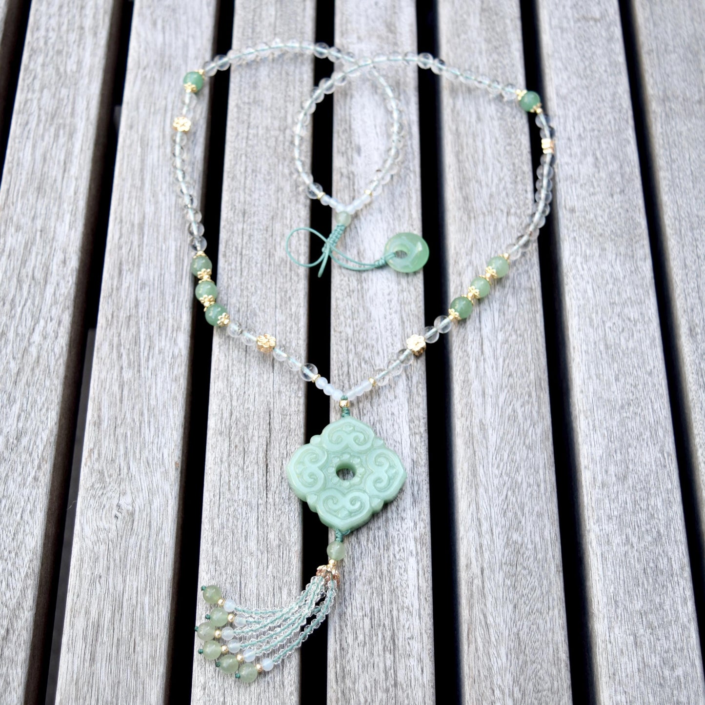 Ruyi Square Pendant Necklace - Green Aventurine Clear Quartz Beaded