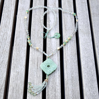 Ruyi Square Pendant Necklace - Green Aventurine Clear Quartz Beaded
