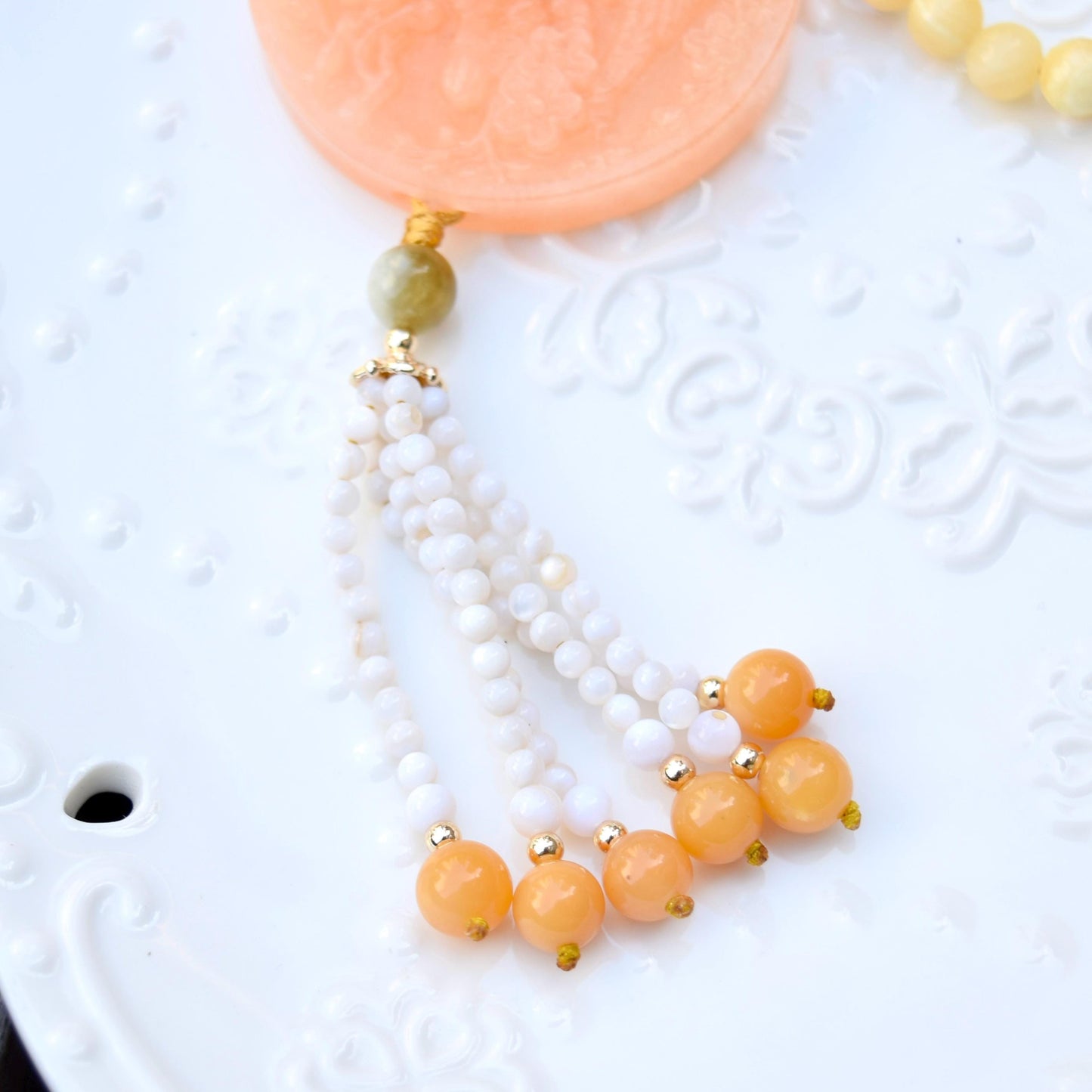 Orange Quartz Jade Pendant Necklace - Ruyi Charm - Long Beaded Necklace