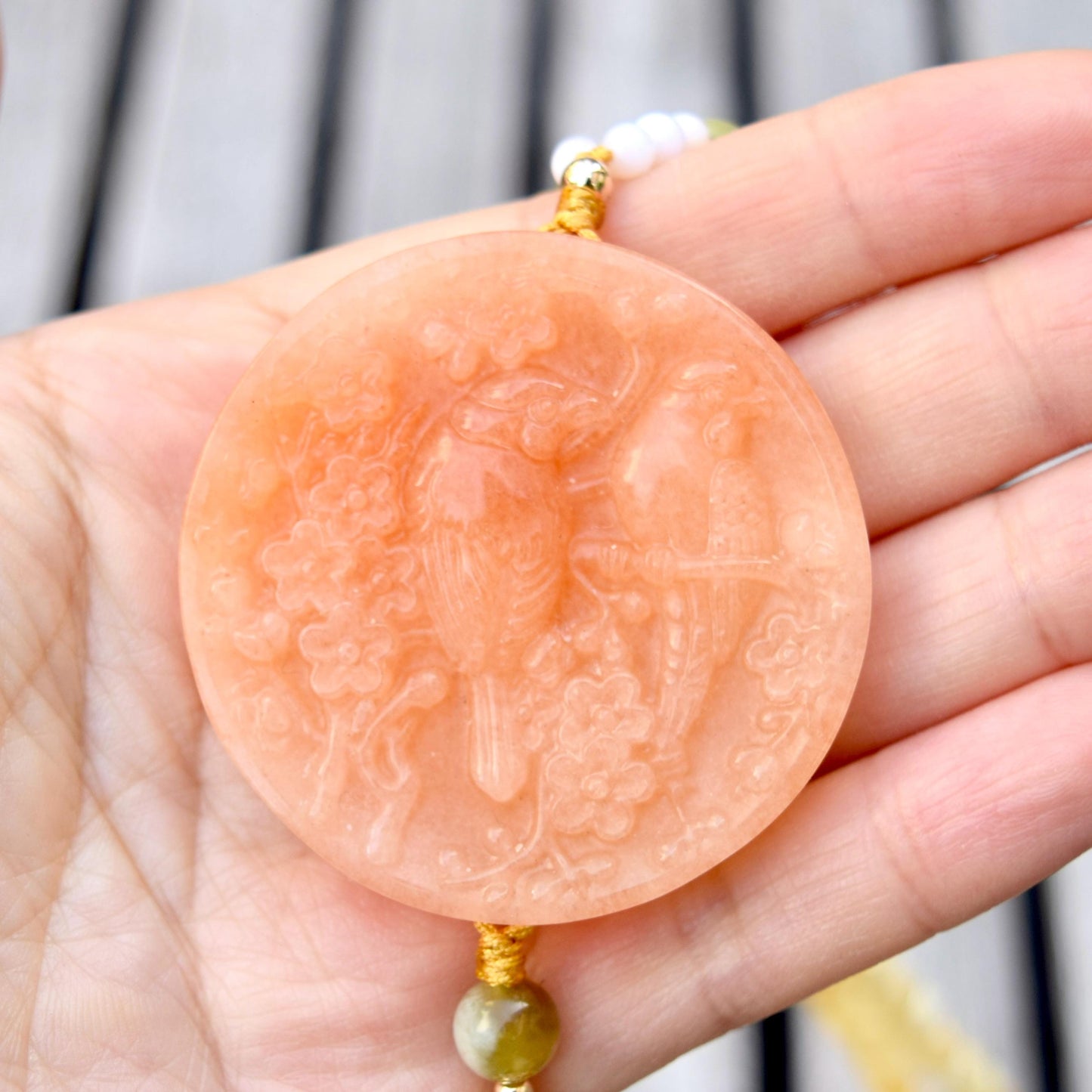 Orange Quartz Jade Pendant Necklace - Ruyi Charm - Long Beaded Necklace