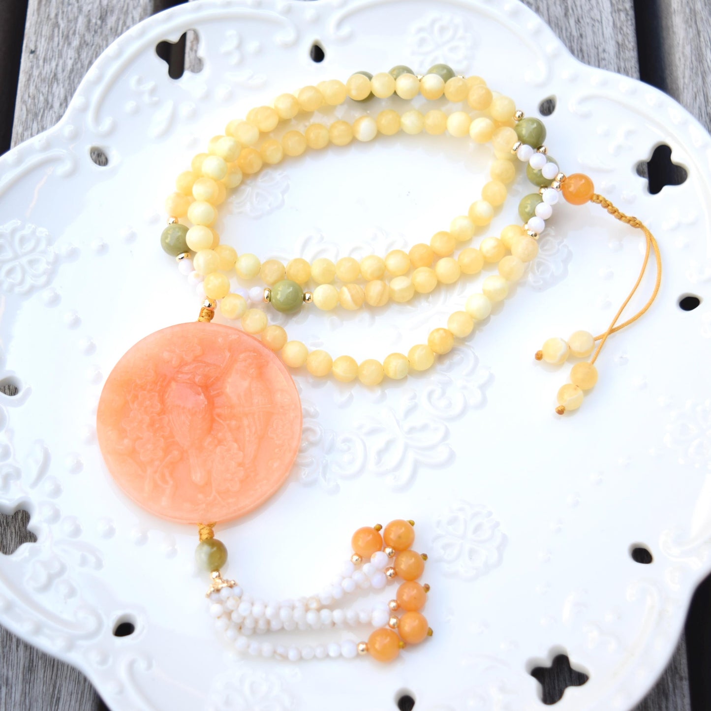 Orange Quartz Jade Pendant Necklace - Ruyi Charm - Long Beaded Necklace
