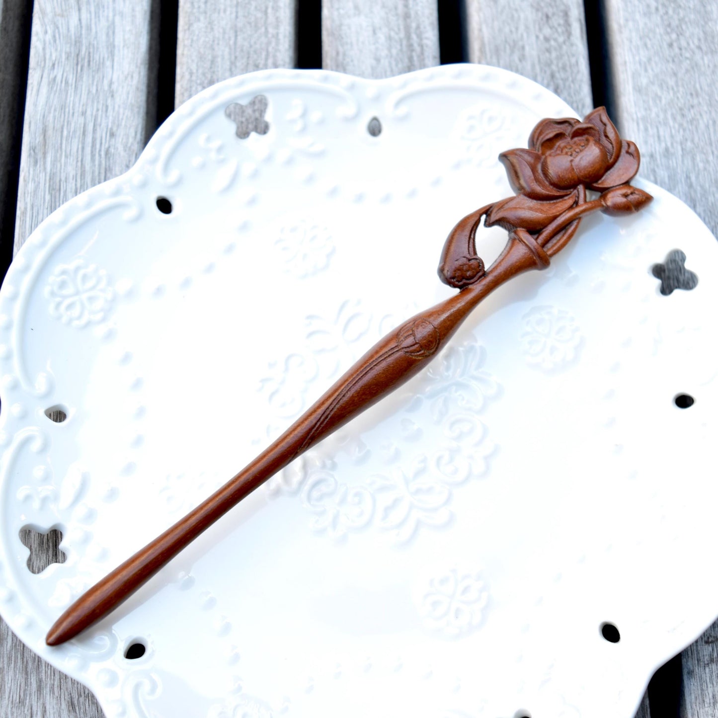 Lotus Wood Hair Stick - Chinese Hairpin