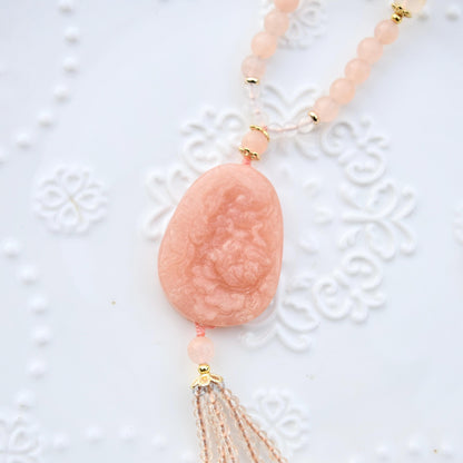 Butterfly Peony Pendant Jade Necklace - Orange Quartz Agate Beaded