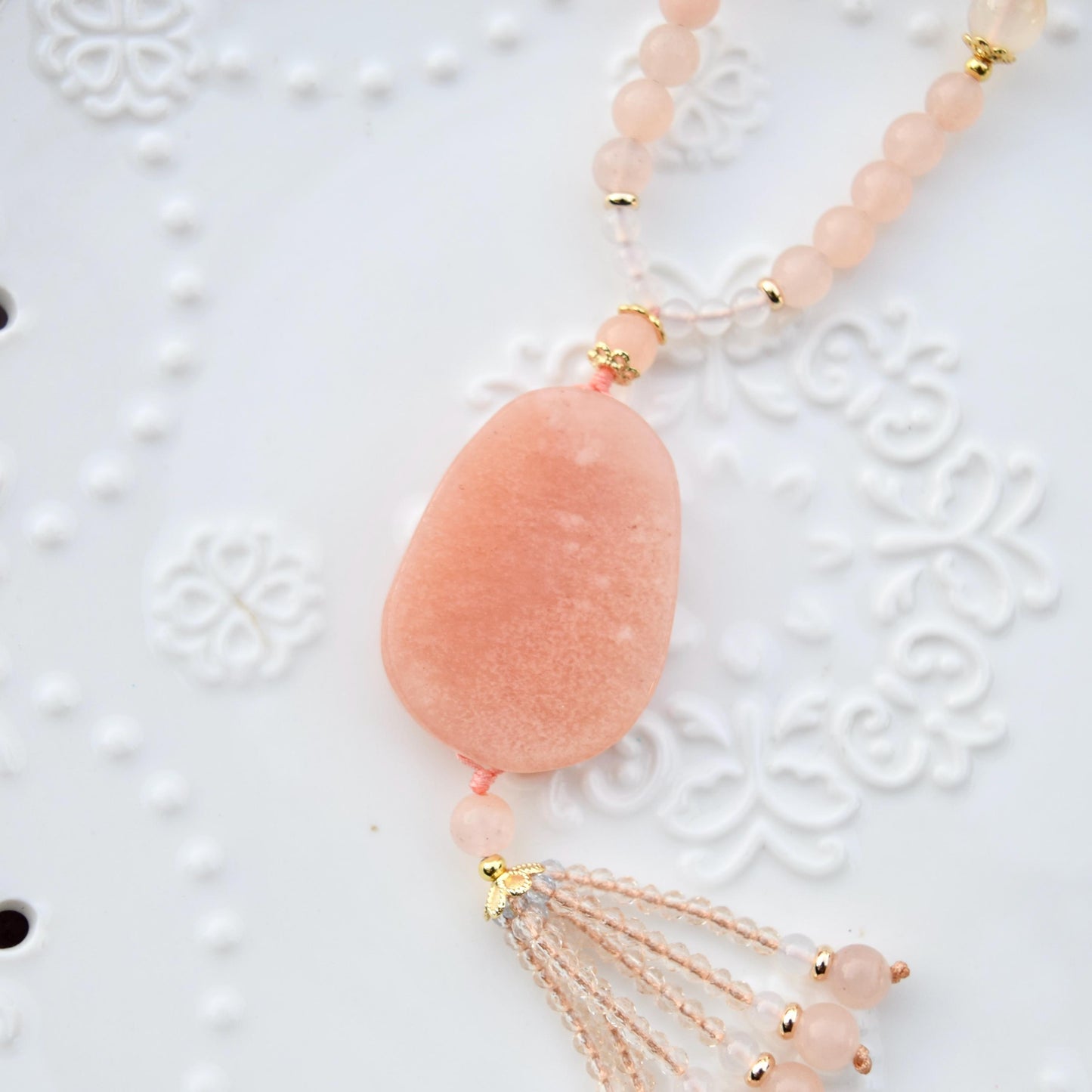 Butterfly Peony Pendant Jade Necklace - Orange Quartz Agate Beaded