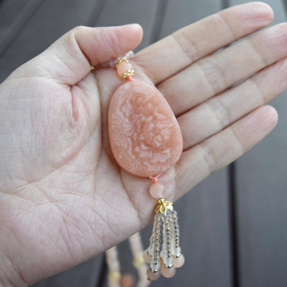 Butterfly Peony Pendant Jade Necklace - Orange Quartz Agate Beaded