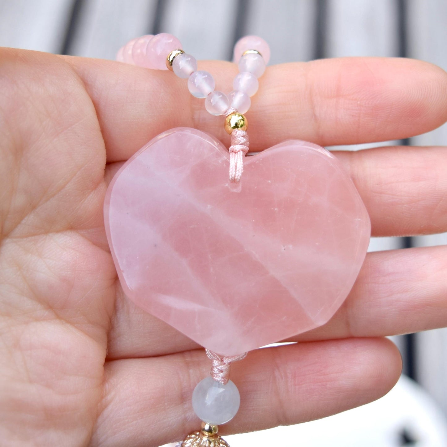 Rose Quartz Flora Ruyi Lock Necklace - Aquamarine Quartz Beaded