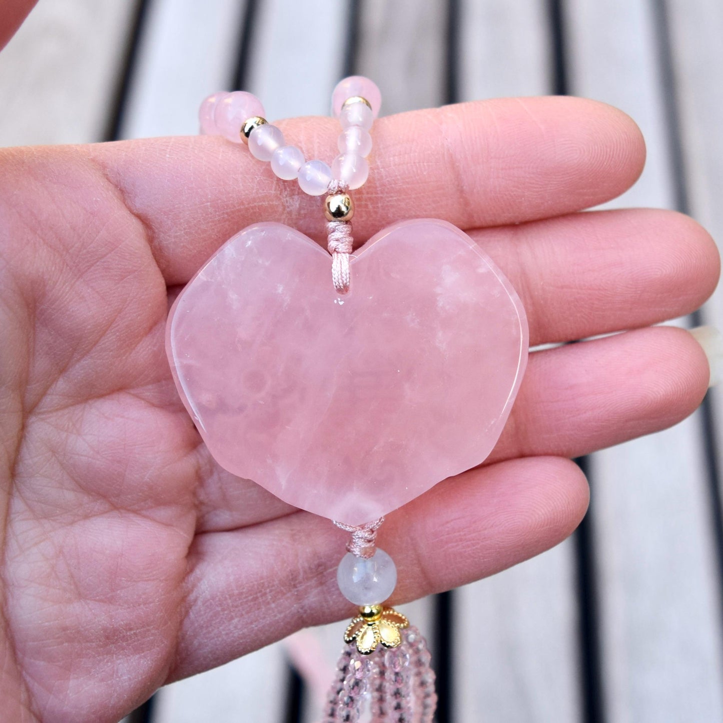 Rose Quartz Flora Ruyi Lock Necklace - Aquamarine Quartz Beaded