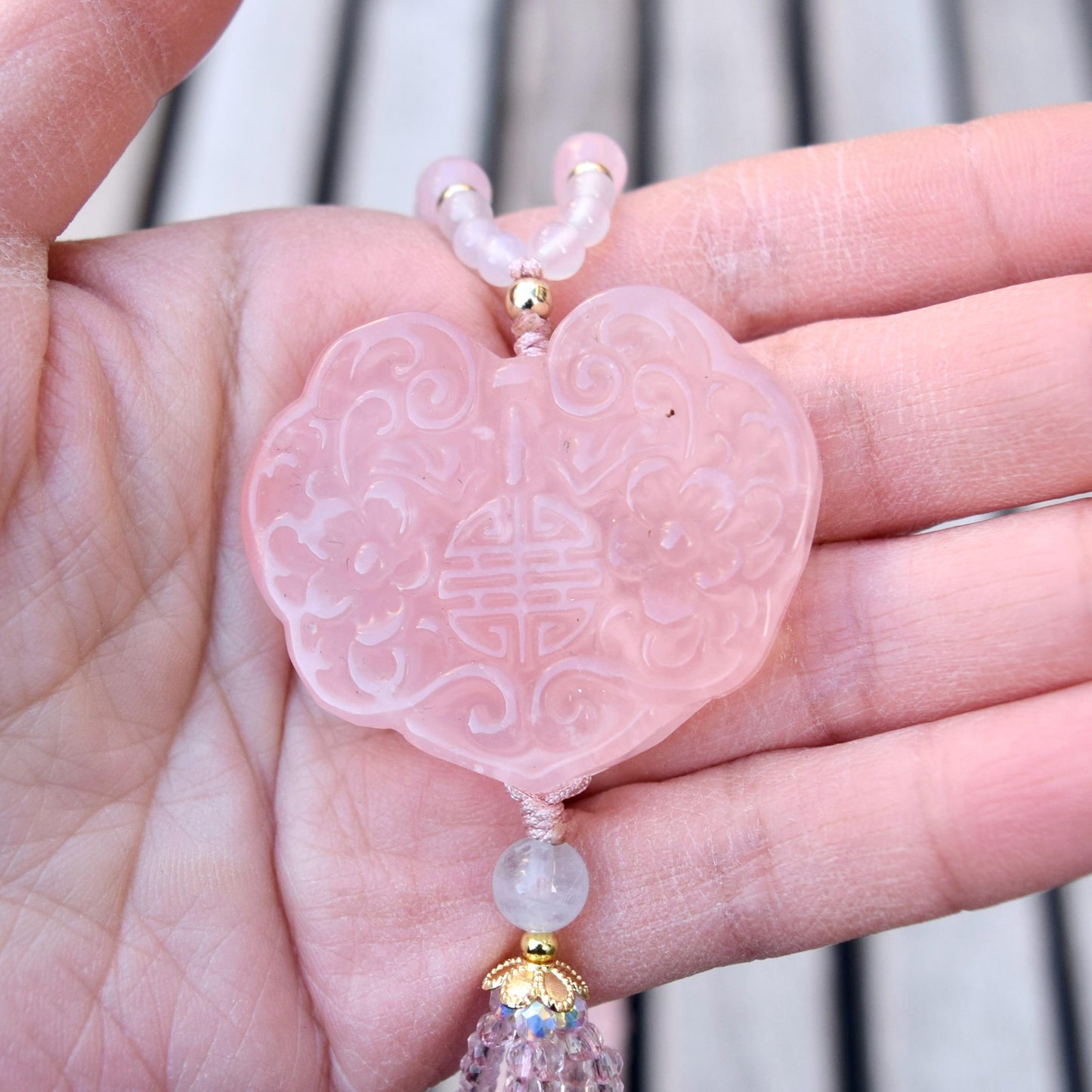 Rose Quartz Flora Ruyi Lock Necklace - Aquamarine Quartz Beaded