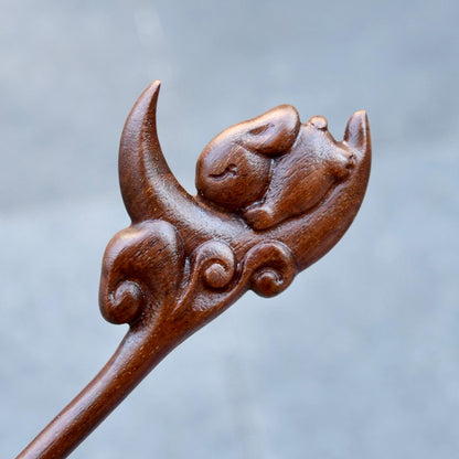 Moon Rabbit Wood Hair Stick - Chinese Hairpin