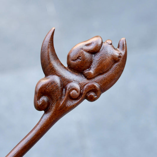 Moon Rabbit Wood Hair Stick - Chinese Hairpin