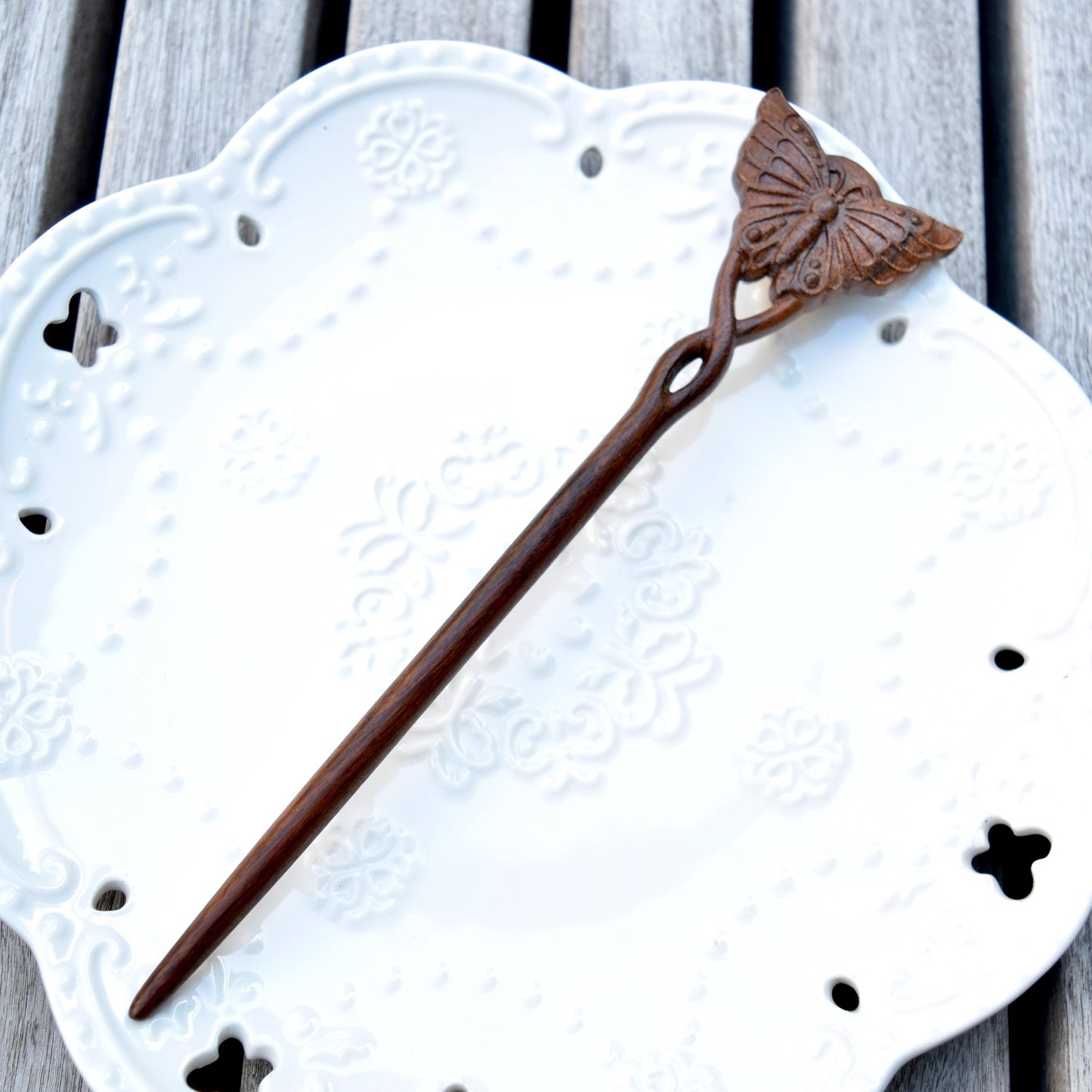 Butterfly Double Sided Carved Wood Hair Stick - Chinese Hairpin