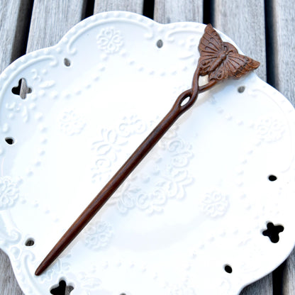 Butterfly Double Sided Carved Wood Hair Stick - Chinese Hairpin