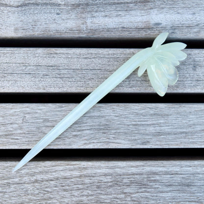 Green Carved Magnolia Flower Hairpin - Serpentine Jade Hair Stick