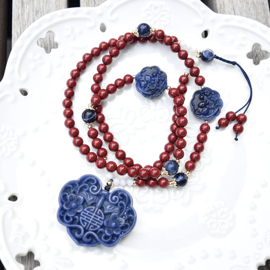 Blue Flora Lock Necklace - Sodalite - Cinnabar Beaded Chain
