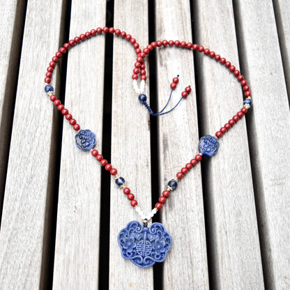 Blue Flora Lock Necklace - Sodalite - Cinnabar Beaded Chain