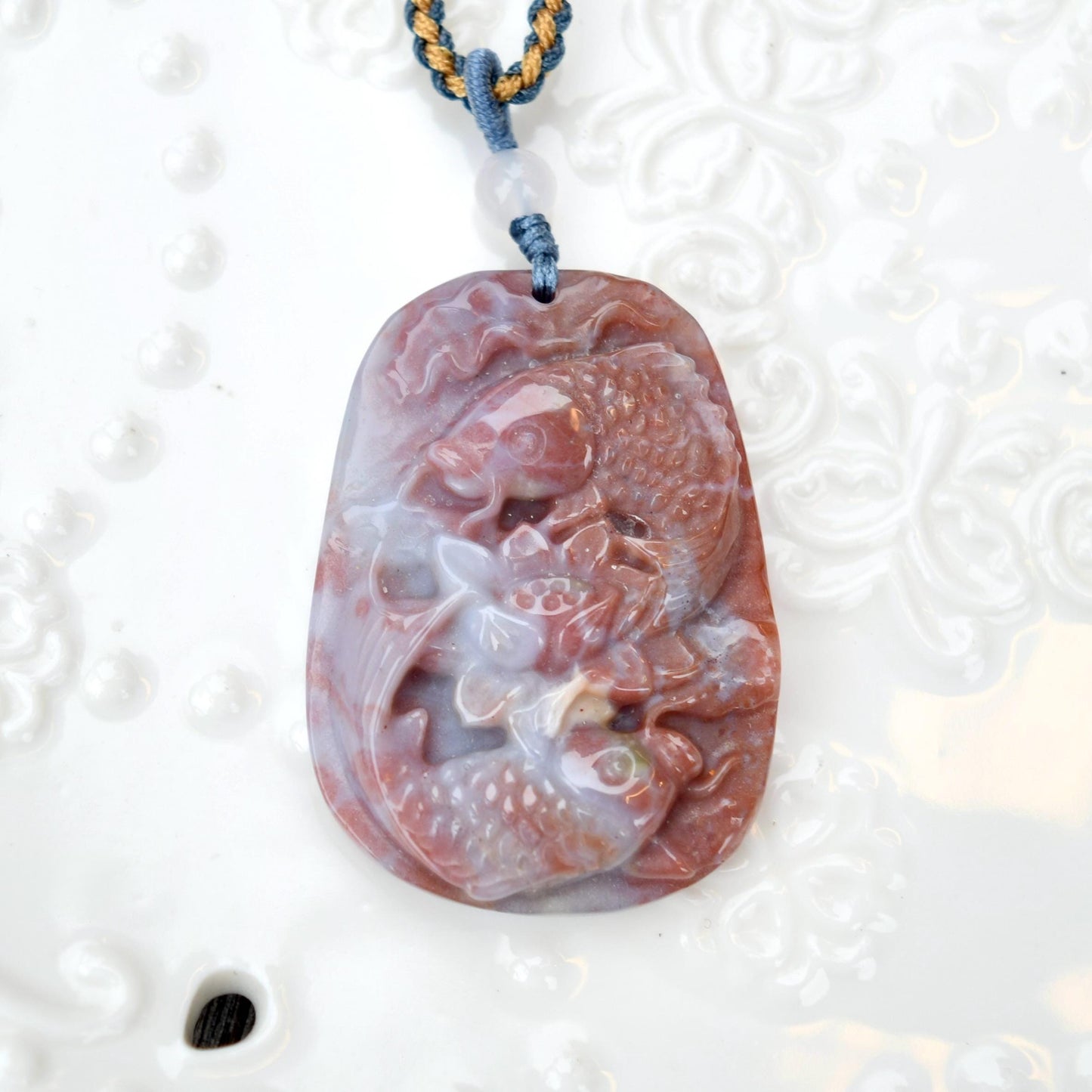 Lotus Fish Rope Necklace - Purple Ocean Agate