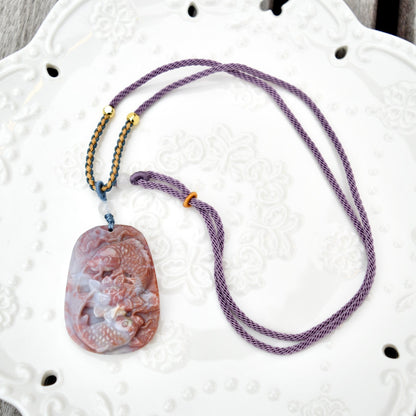 Lotus Fish Rope Necklace - Purple Ocean Agate