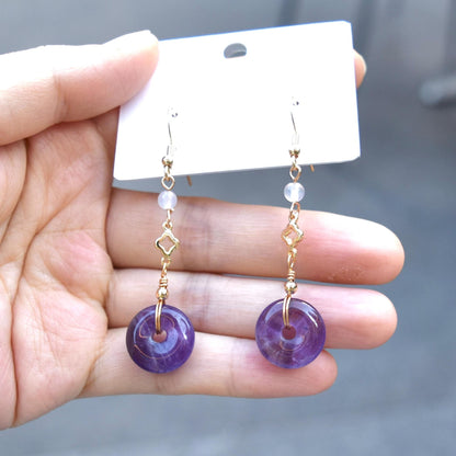 Amethyst Peace Buckle Earrings - Purple Donut Clover Earrings