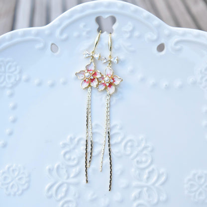 Red Flower Tassel Earrings - Asian Style Enamel Earrings
