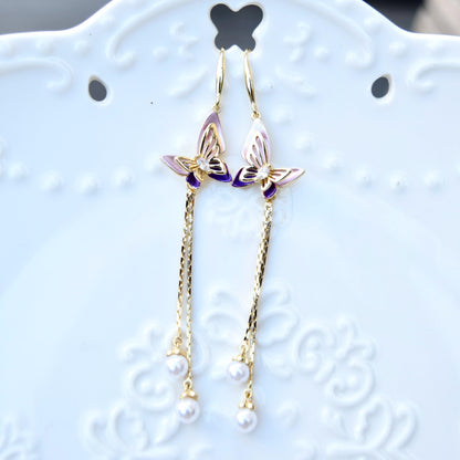 Purple Enamel Butterfly Tassel  Earrings