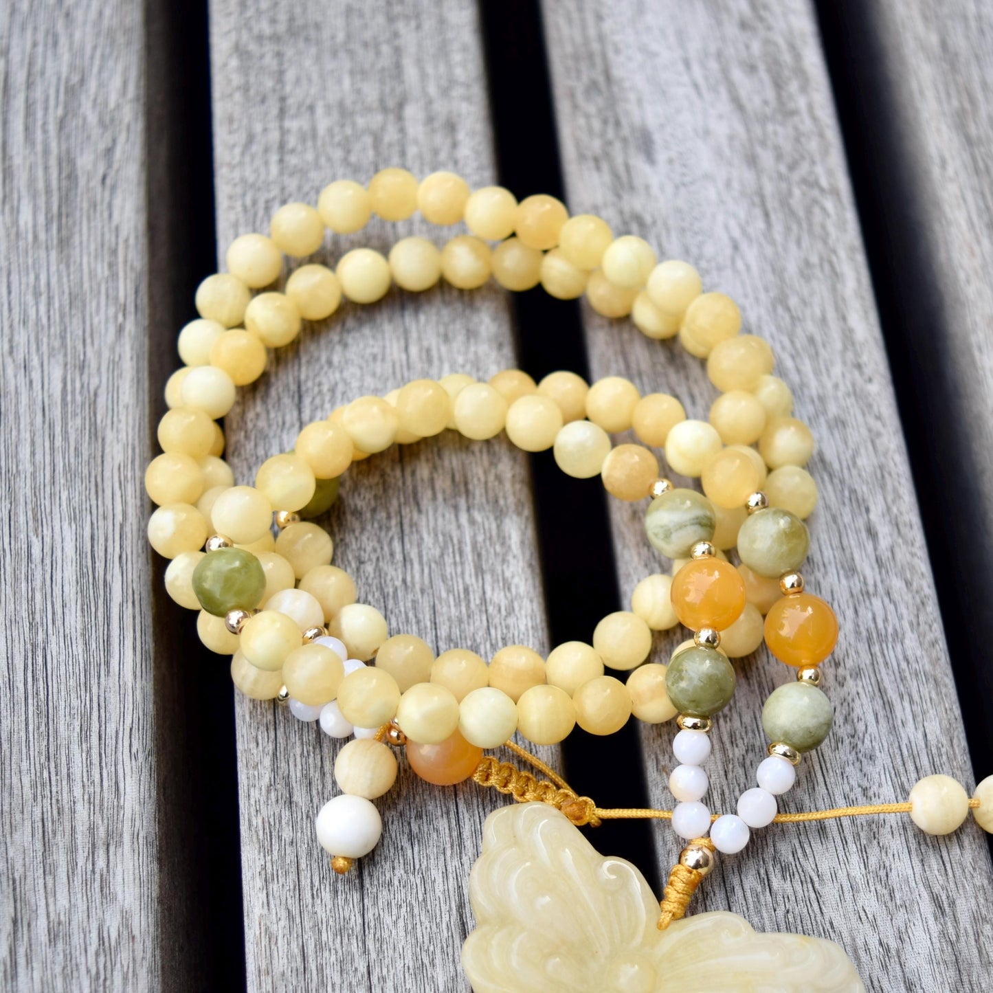 Yellow Jade Butterfly Necklace - Calcite Agate Beaded