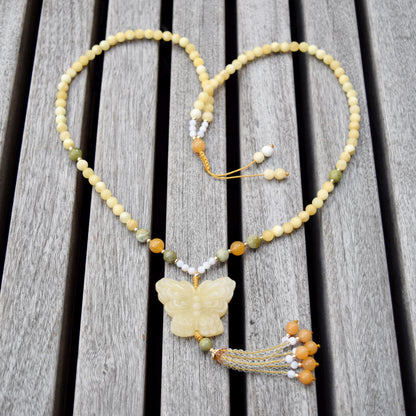 Yellow Jade Butterfly Necklace - Calcite Agate Beaded