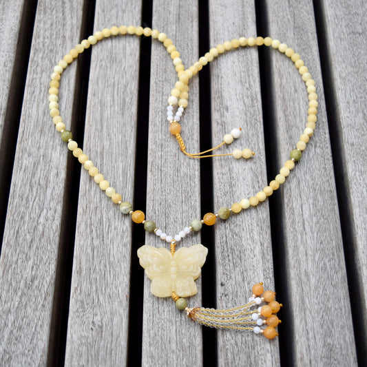 Yellow Jade Butterfly Necklace - Calcite Agate Beaded