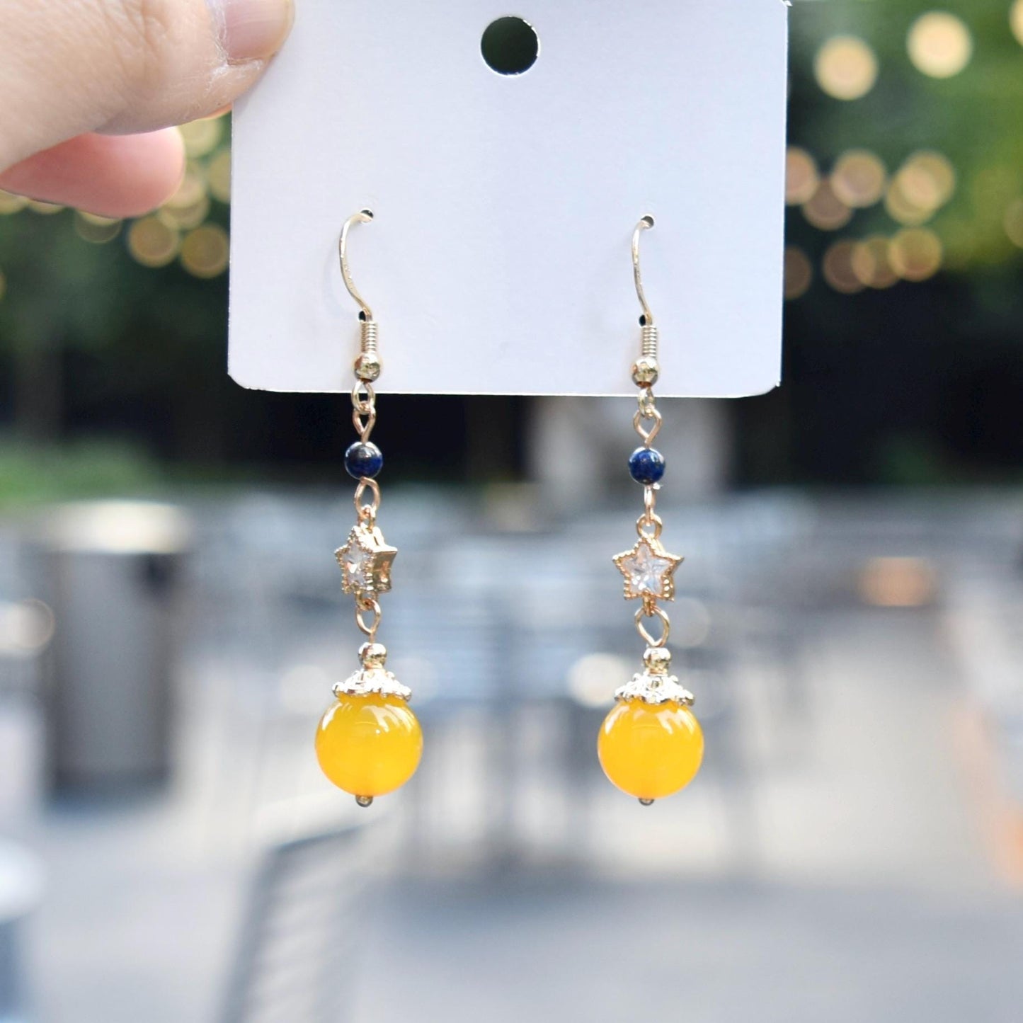 Yellow Agate Bead Star Earrings