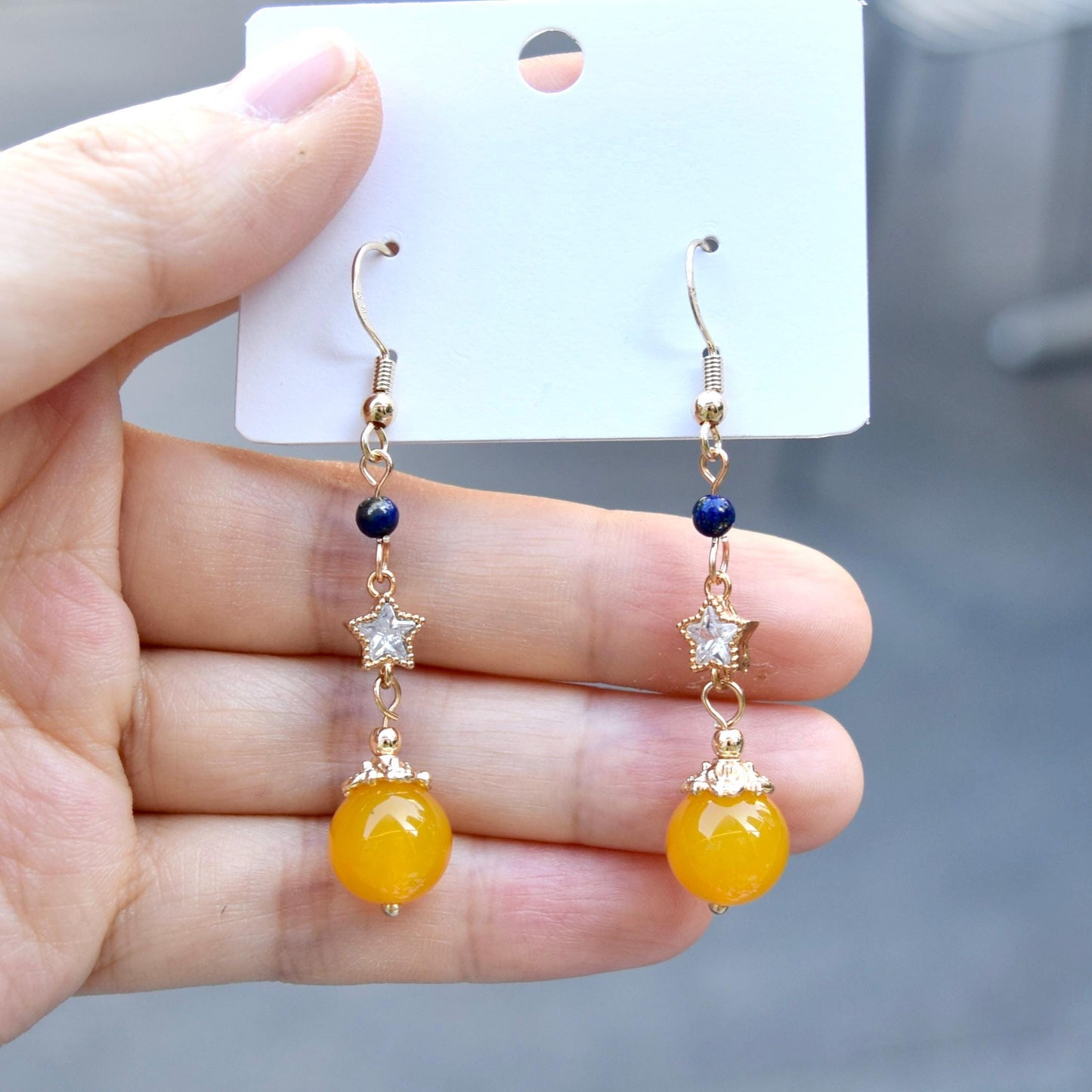 Yellow Agate Bead Star Earrings