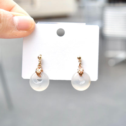 White Agate Charm Earrings: Chinese Peace Buckle, Gold-Plated