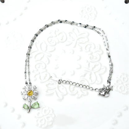 Crystals Icy Flower Charm Necklace - Cubic Zirconia Stainless Steel Necklace