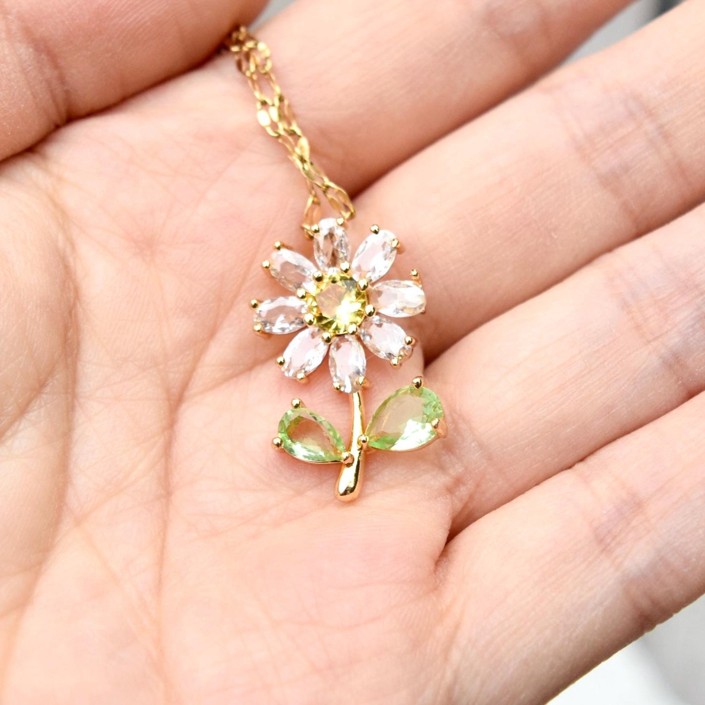 Crystals Icy Flower Charm Necklace - Cubic Zirconia Stainless Steel Necklace