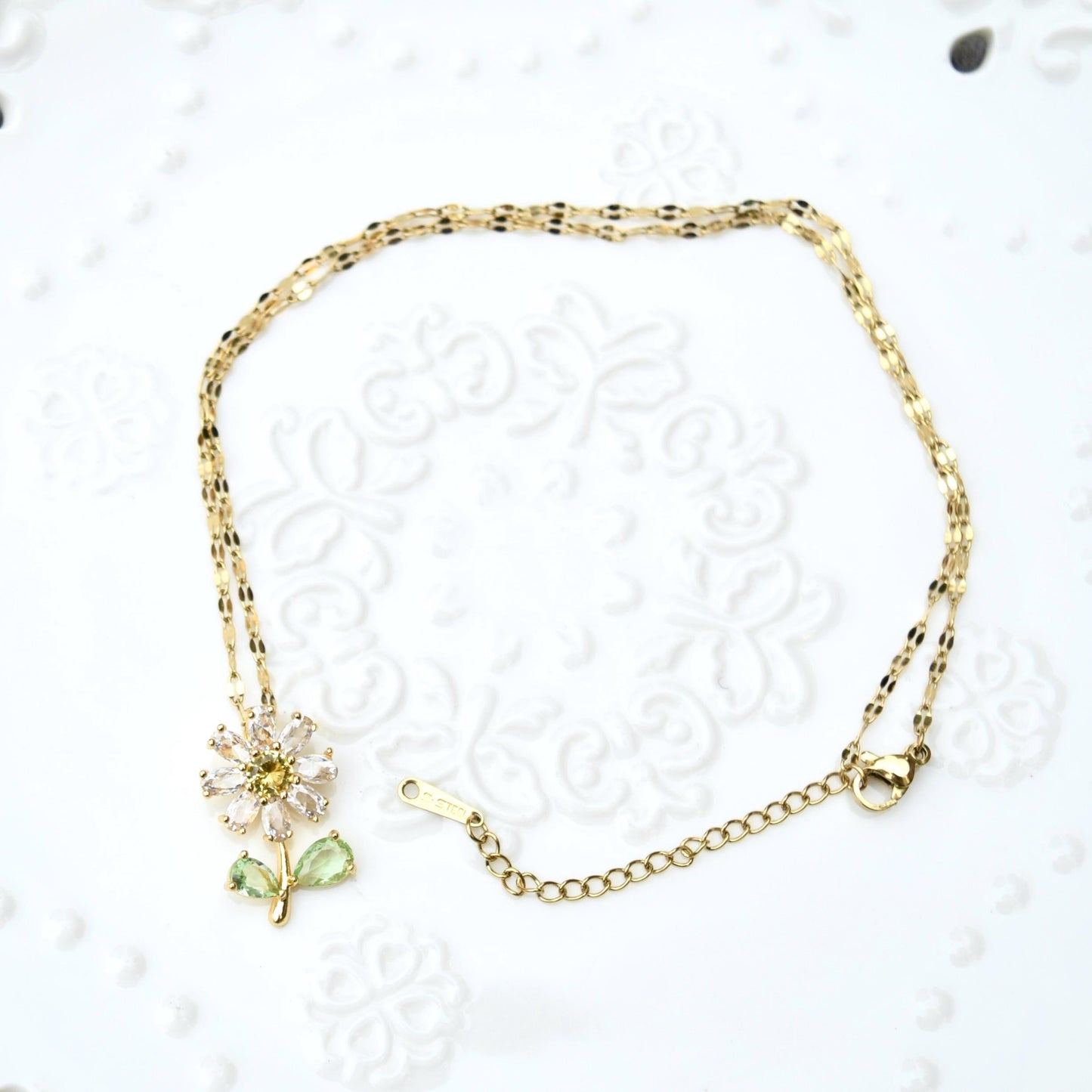 Crystals Icy Flower Charm Necklace - Cubic Zirconia Stainless Steel Necklace