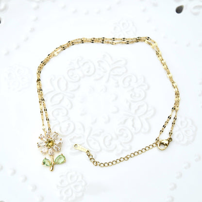 Crystals Icy Flower Charm Necklace - Cubic Zirconia Stainless Steel Necklace